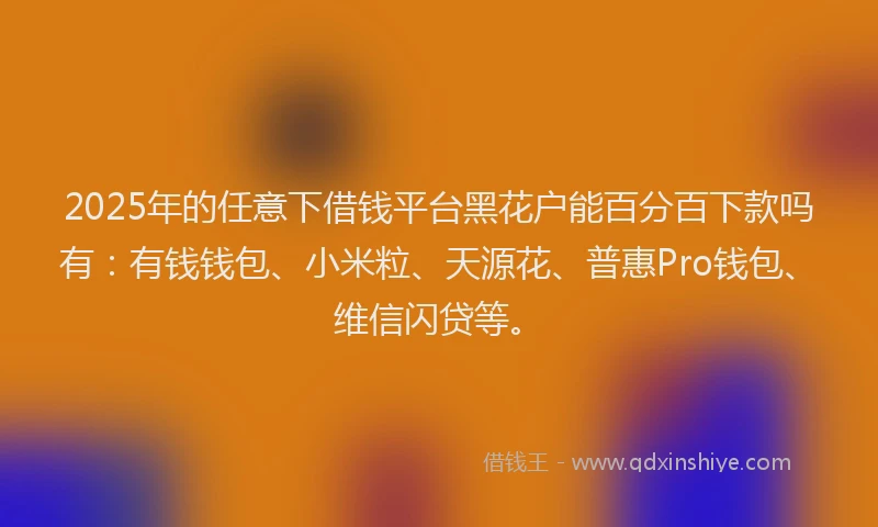 2025年的任意下借钱平台黑花户能百分百下款吗有：有钱钱包、小米粒、天源花、普惠Pro钱包、维信闪贷等。