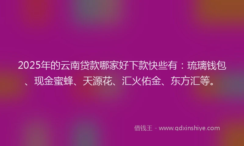 2025年的云南贷款哪家好下款快些有：琉璃钱包、现金蜜蜂、天源花、汇火佑金、东方汇等。
