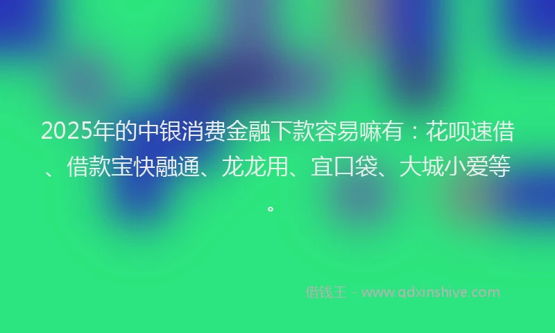 2025年的中银消费金融下款容易嘛有：花呗速借、借款宝快融通、龙龙用、宜口袋、大城小爱等。