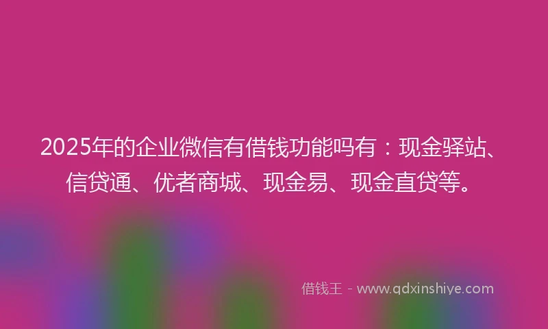 2025年的企业微信有借钱功能吗有：现金驿站、信贷通、优者商城、现金易、现金直贷等。