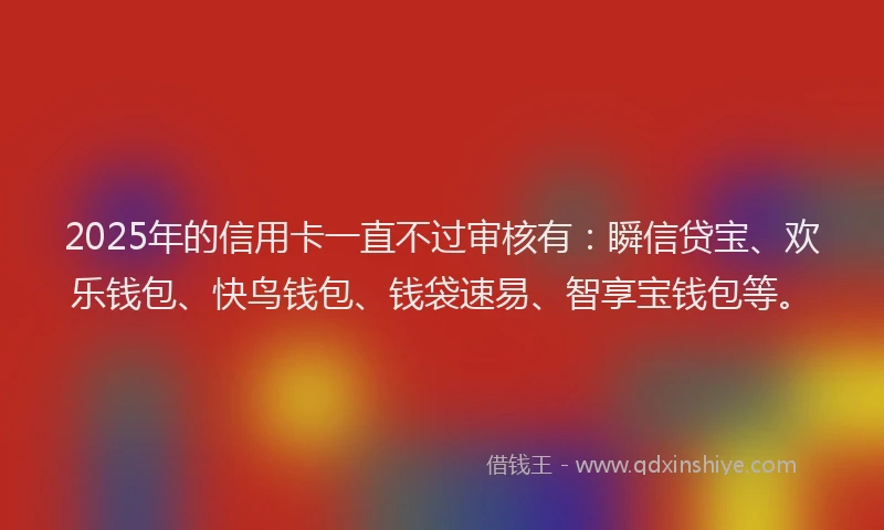2025年的信用卡一直不过审核有：瞬信贷宝、欢乐钱包、快鸟钱包、钱袋速易、智享宝钱包等。
