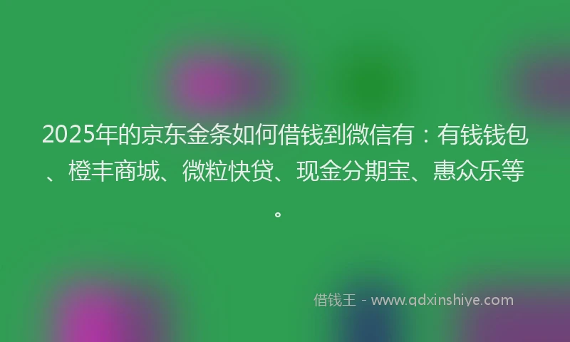2025年的京东金条如何借钱到微信有：有钱钱包、橙丰商城、微粒快贷、现金分期宝、惠众乐等。
