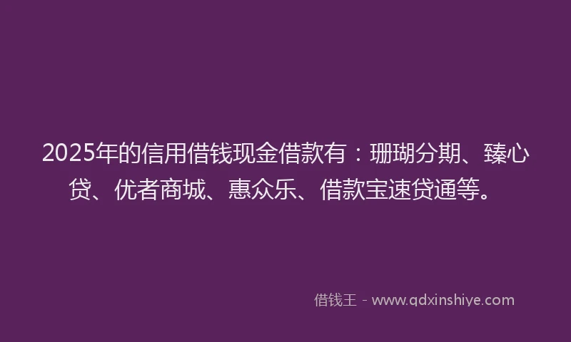 2025年的信用借钱现金借款有：珊瑚分期、臻心贷、优者商城、惠众乐、借款宝速贷通等。