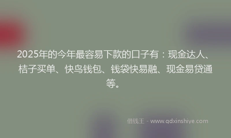 2025年的今年最容易下款的口子有：现金达人、桔子买单、快鸟钱包、钱袋快易融、现金易贷通等。