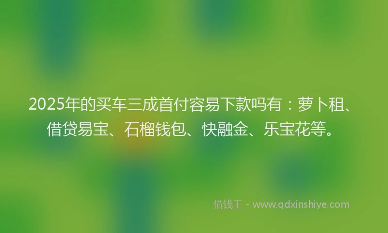 2025年的买车三成首付容易下款吗有：萝卜租、借贷易宝、石榴钱包、快融金、乐宝花等。