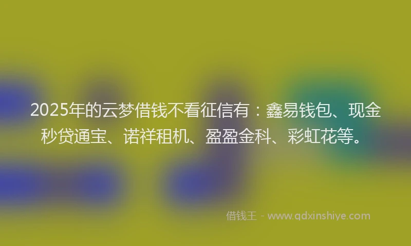 2025年的云梦借钱不看征信有：鑫易钱包、现金秒贷通宝、诺祥租机、盈盈金科、彩虹花等。