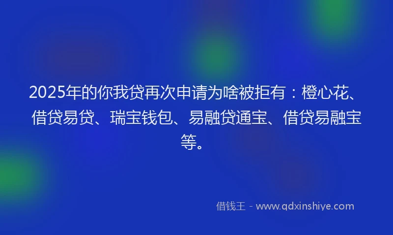 2025年的你我贷再次申请为啥被拒有：橙心花、借贷易贷、瑞宝钱包、易融贷通宝、借贷易融宝等。