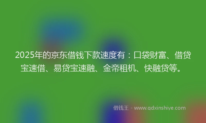 2025年的京东借钱下款速度有：口袋财富、借贷宝速借、易贷宝速融、金帝租机、快融贷等。