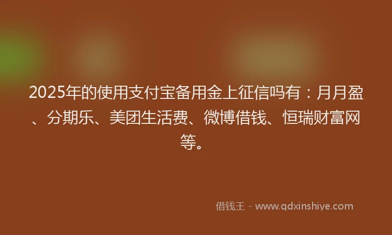2025年的使用支付宝备用金上征信吗有：月月盈、分期乐、美团生活费、微博借钱、恒瑞财富网等。