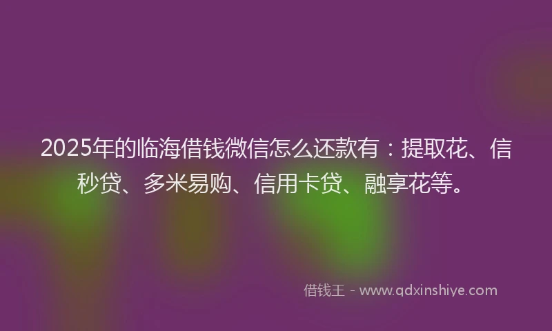 2025年的临海借钱微信怎么还款有：提取花、信秒贷、多米易购、信用卡贷、融享花等。