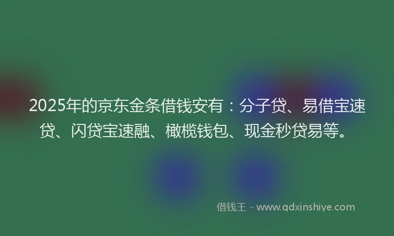 2025年的京东金条借钱安有：分子贷、易借宝速贷、闪贷宝速融、橄榄钱包、现金秒贷易等。