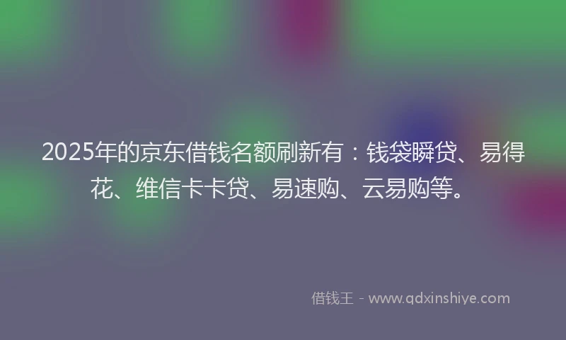 2025年的京东借钱名额刷新有：钱袋瞬贷、易得花、维信卡卡贷、易速购、云易购等。