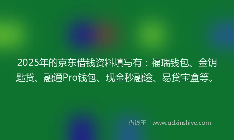 2025年的京东借钱资料填写有：福瑞钱包、金钥匙贷、融通Pro钱包、现金秒融途、易贷宝盒等。