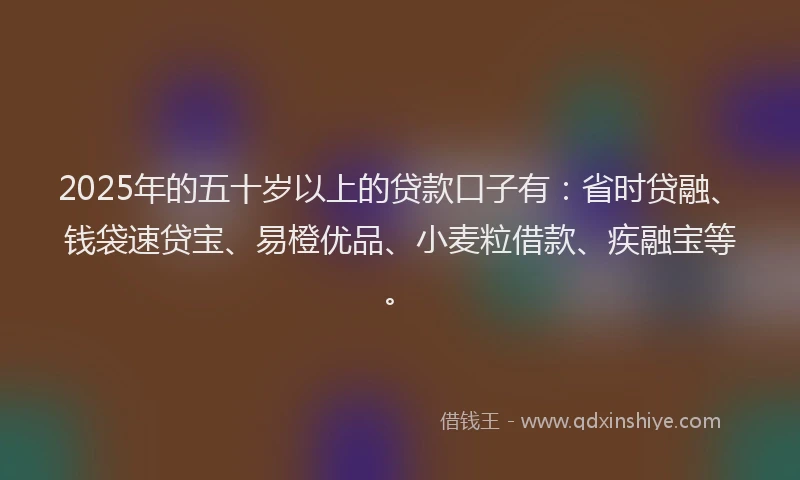 2025年的五十岁以上的贷款口子有：省时贷融、钱袋速贷宝、易橙优品、小麦粒借款、疾融宝等。