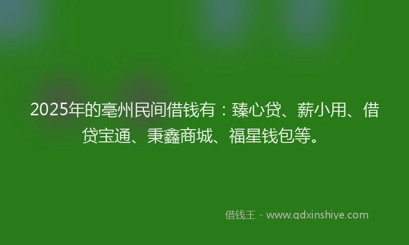 2025年的亳州民间借钱有：臻心贷、薪小用、借贷宝通、秉鑫商城、福星钱包等。