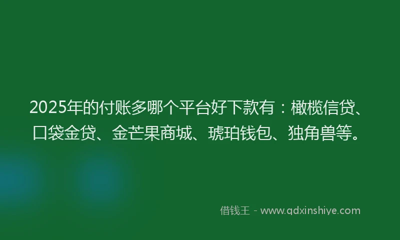 2025年的付账多哪个平台好下款有：橄榄信贷、口袋金贷、金芒果商城、琥珀钱包、独角兽等。