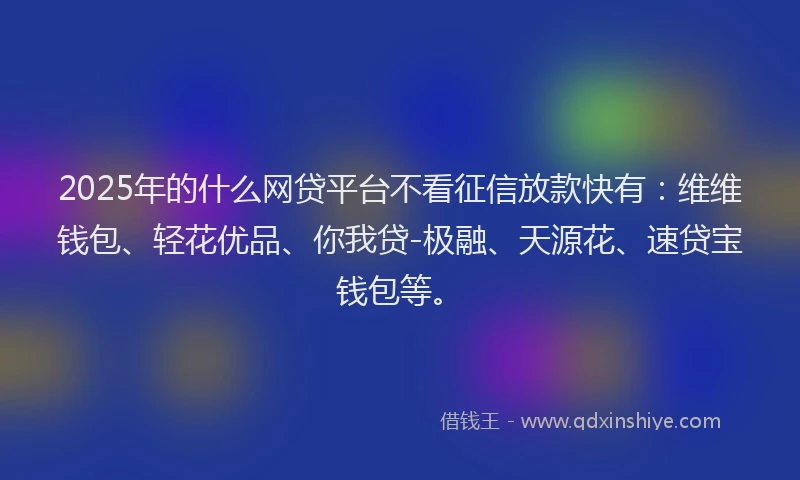 2025年的什么网贷平台不看征信放款快有：维维钱包、轻花优品、你我贷-极融、天源花、速贷宝钱包等。