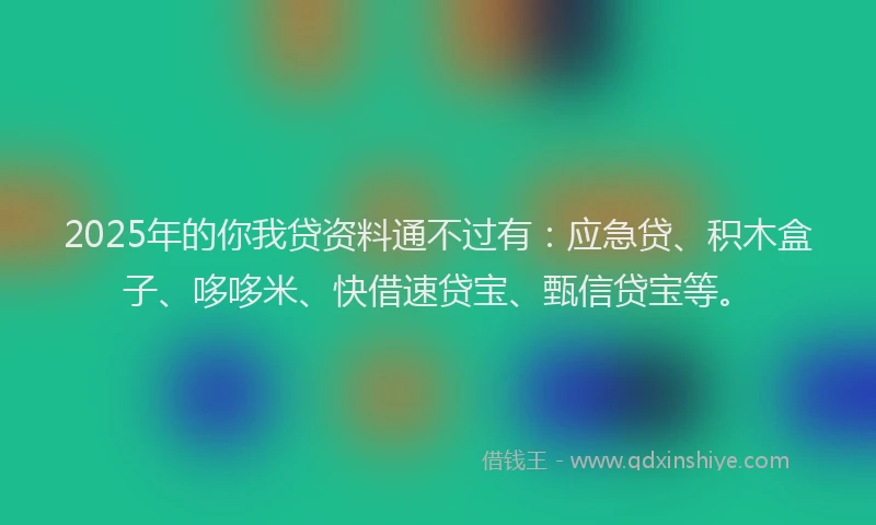 2025年的你我贷资料通不过有:应急贷、积木盒子、哆哆米、快借速贷宝、甄信贷宝等。