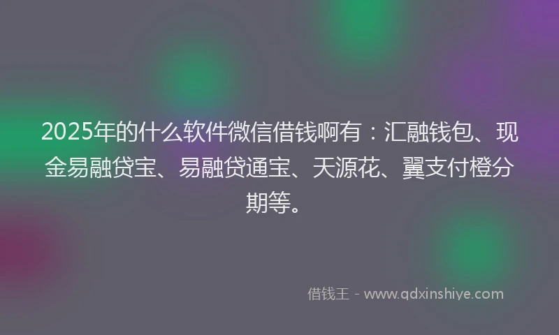 2025年的什么软件微信借钱啊有：汇融钱包、现金易融贷宝、易融贷通宝、天源花、翼支付橙分期等。