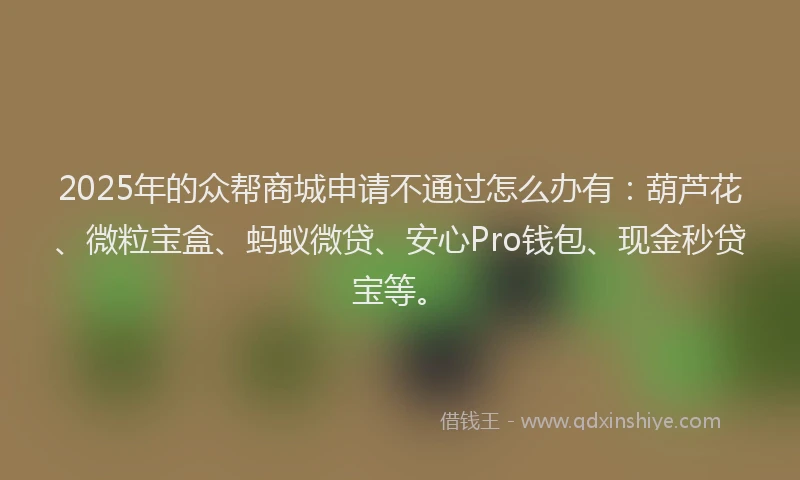 2025年的众帮商城申请不通过怎么办有：葫芦花、微粒宝盒、蚂蚁微贷、安心Pro钱包、现金秒贷宝等。