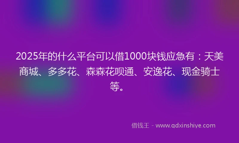 2025年的什么平台可以借1000块钱应急有：天美商城、多多花、森森花呗通、安逸花、现金骑士等。