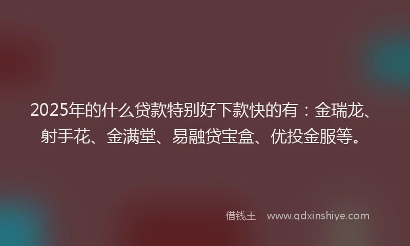 2025年的什么贷款特别好下款快的有：金瑞龙、射手花、金满堂、易融贷宝盒、优投金服等。
