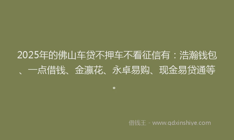 2025年的佛山车贷不押车不看征信有：浩瀚钱包、一点借钱、金瀛花、永卓易购、现金易贷通等。