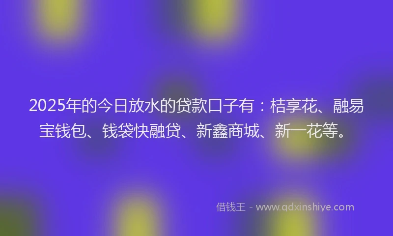 2025年的今日放水的贷款口子有：桔享花、融易宝钱包、钱袋快融贷、新鑫商城、新一花等。