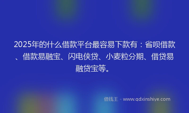 2025年的什么借款平台最容易下款有：省呗借款、借款易融宝、闪电侠贷、小麦粒分期、借贷易融贷宝等。