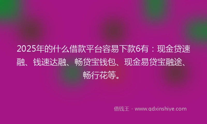 2025年的什么借款平台容易下款6有：现金贷速融、钱速达融、畅贷宝钱包、现金易贷宝融途、畅行花等。
