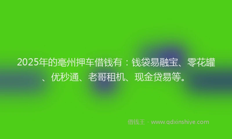 2025年的亳州押车借钱有:钱袋易融宝、零花罐、优秒通、老哥租机、现金贷易等。