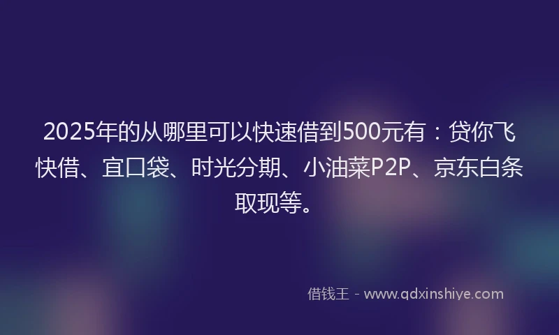 2025年的从哪里可以快速借到500元有：贷你飞快借、宜口袋、时光分期、小油菜P2P、京东白条取现等。