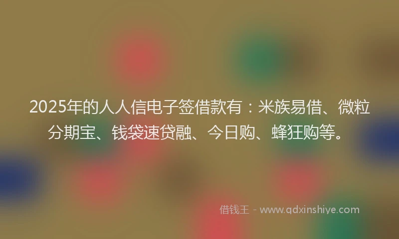2025年的人人信电子签借款有：米族易借、微粒分期宝、钱袋速贷融、今日购、蜂狂购等。