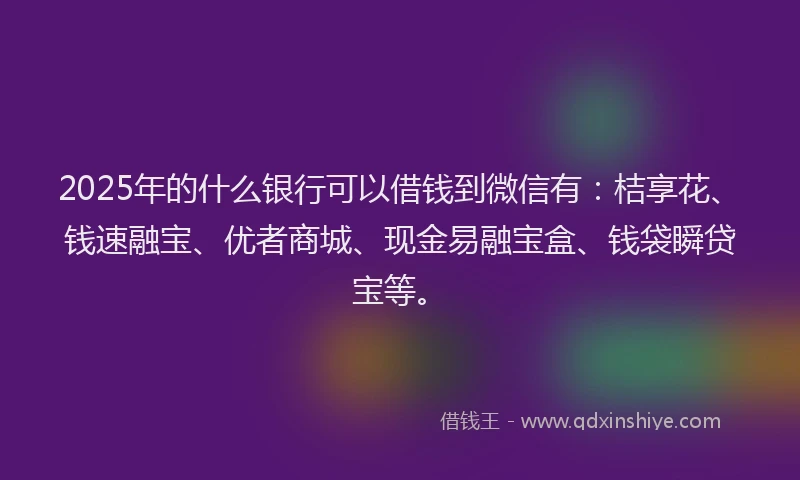 2025年的什么银行可以借钱到微信有：桔享花、钱速融宝、优者商城、现金易融宝盒、钱袋瞬贷宝等。
