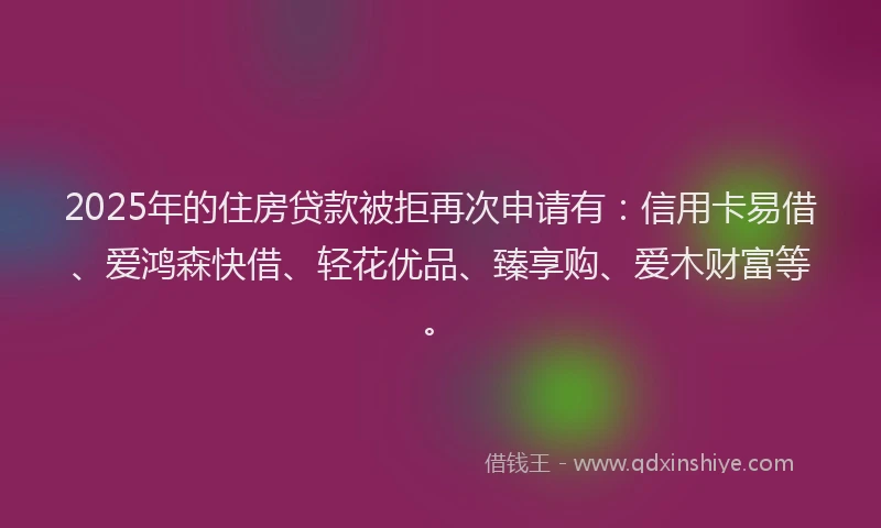 2025年的住房贷款被拒再次申请有：信用卡易借、爱鸿森快借、轻花优品、臻享购、爱木财富等。