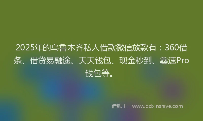 2025年的乌鲁木齐私人借款微信放款有：360借条、借贷易融途、天天钱包、现金秒到、鑫速Pro钱包等。