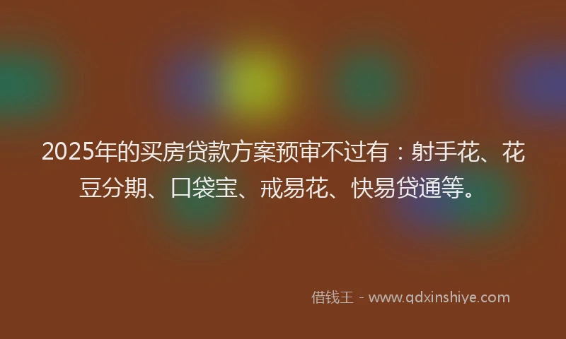 2025年的买房贷款方案预审不过有：射手花、花豆分期、口袋宝、戒易花、快易贷通等。