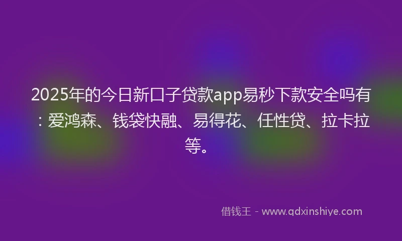 2025年的今日新口子贷款app易秒下款安全吗有：爱鸿森、钱袋快融、易得花、任性贷、拉卡拉等。
