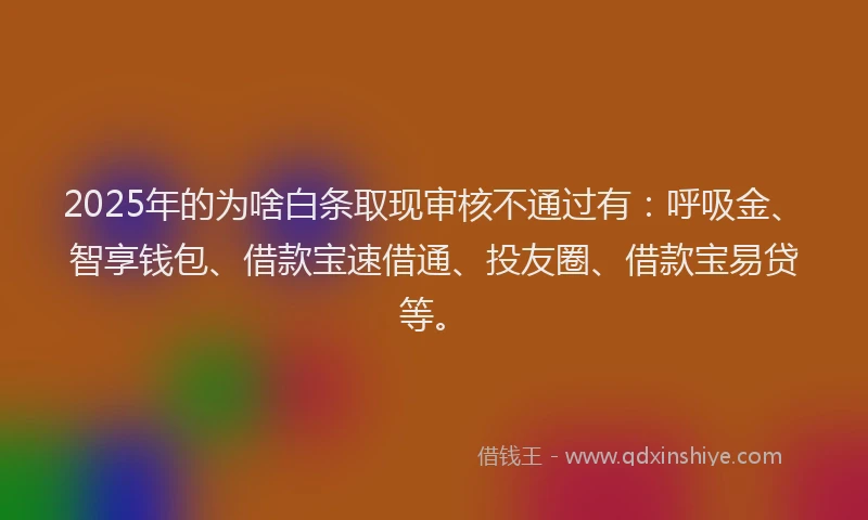 2025年的为啥白条取现审核不通过有：呼吸金、智享钱包、借款宝速借通、投友圈、借款宝易贷等。