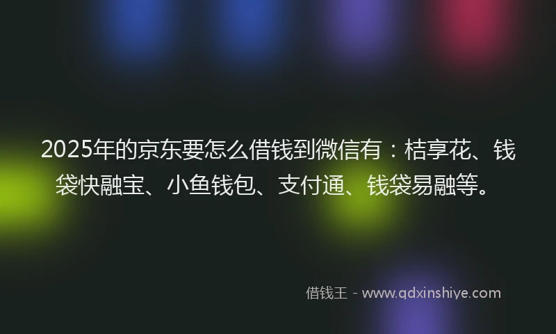 2025年的京东要怎么借钱到微信有:桔享花、钱袋快融宝、小鱼钱包、支付通、钱袋易融等。