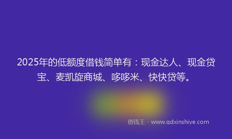 2025年的低额度借钱简单有：现金达人、现金贷宝、麦凯旋商城、哆哆米、快快贷等。