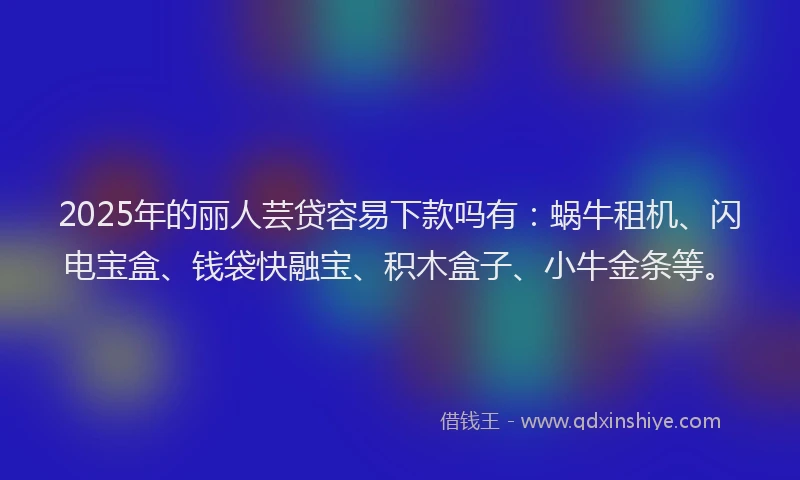 2025年的丽人芸贷容易下款吗有：蜗牛租机、闪电宝盒、钱袋快融宝、积木盒子、小牛金条等。