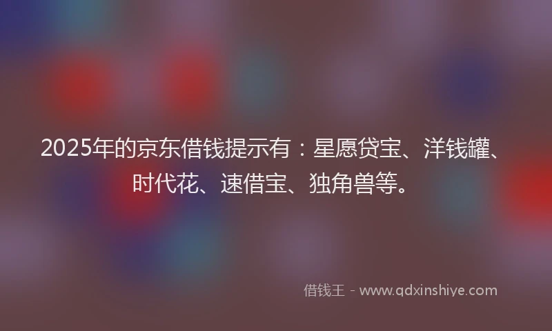 2025年的京东借钱提示有：星愿贷宝、洋钱罐、时代花、速借宝、独角兽等。