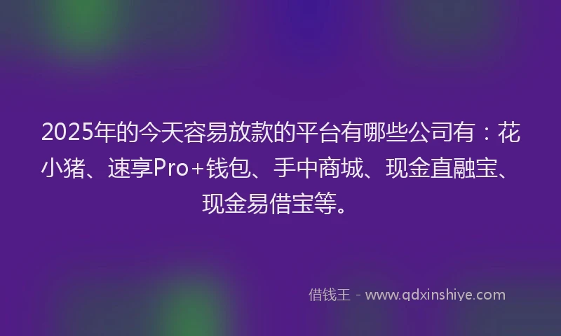 2025年的今天容易放款的平台有哪些公司有：花小猪、速享Pro+钱包、手中商城、现金直融宝、现金易借宝等。