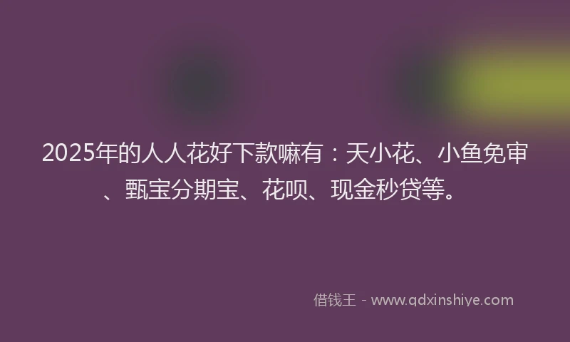 2025年的人人花好下款嘛有：天小花、小鱼免审、甄宝分期宝、花呗、现金秒贷等。