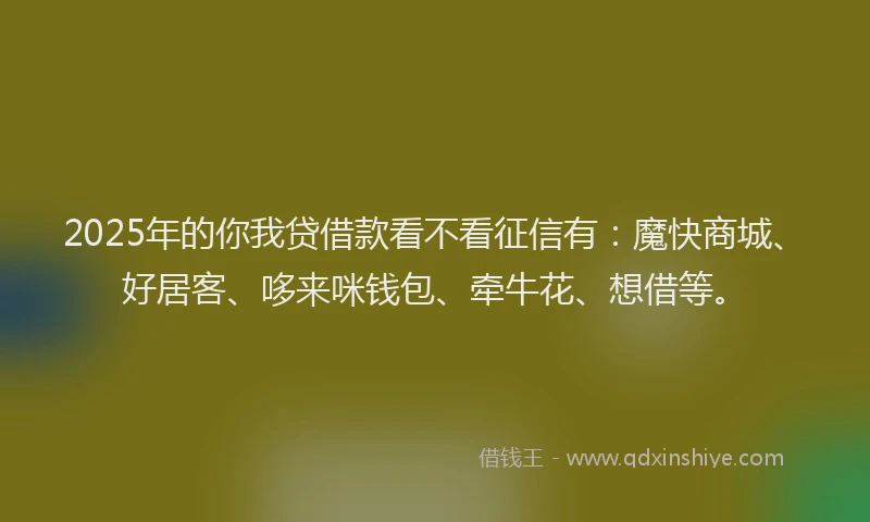 2025年的你我贷借款看不看征信有：魔快商城、好居客、哆来咪钱包、牵牛花、想借等。