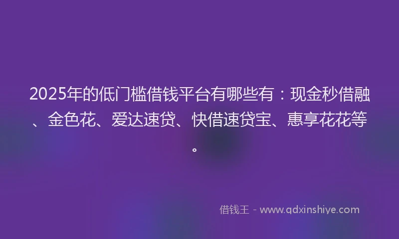 2025年的低门槛借钱平台有哪些有：现金秒借融、金色花、爱达速贷、快借速贷宝、惠享花花等。