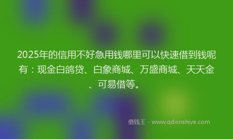 2025年的信用不好急用钱哪里可以快速借到钱呢有：现金白鸽贷、白象商城、万盛商城、天天金、可易借等。