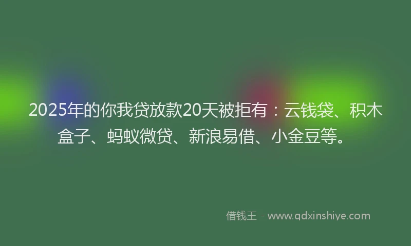 2025年的你我贷放款20天被拒有：云钱袋、积木盒子、蚂蚁微贷、新浪易借、小金豆等。