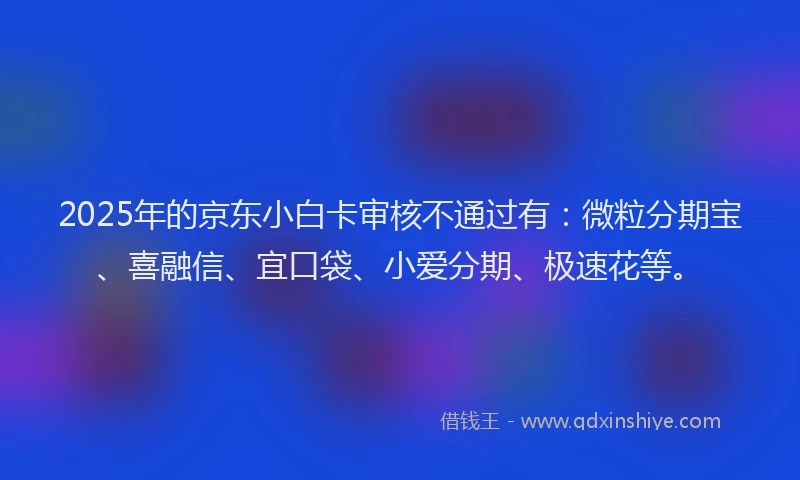 2025年的京东小白卡审核不通过有：微粒分期宝、喜融信、宜口袋、小爱分期、极速花等。